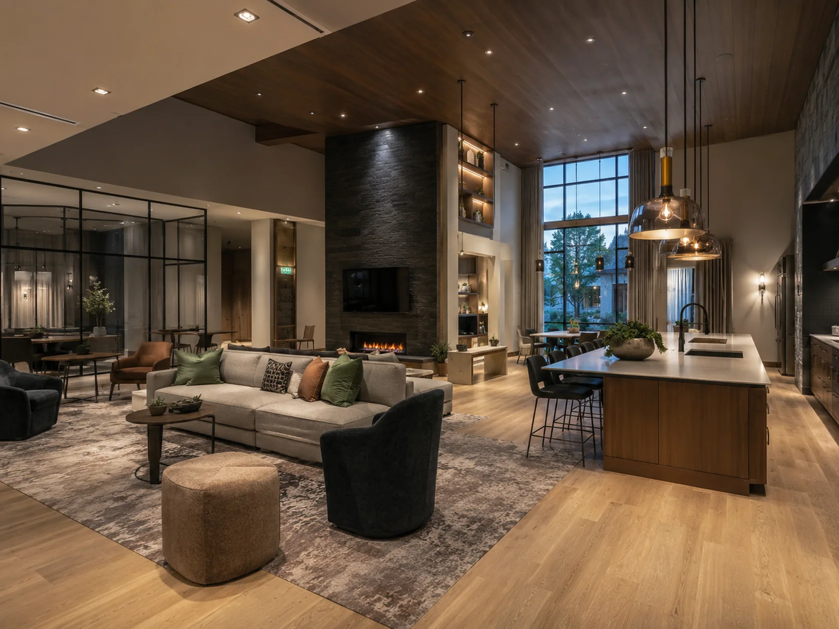 Commercial amenity interior concept with cabinetry, countertops, and wood finishes