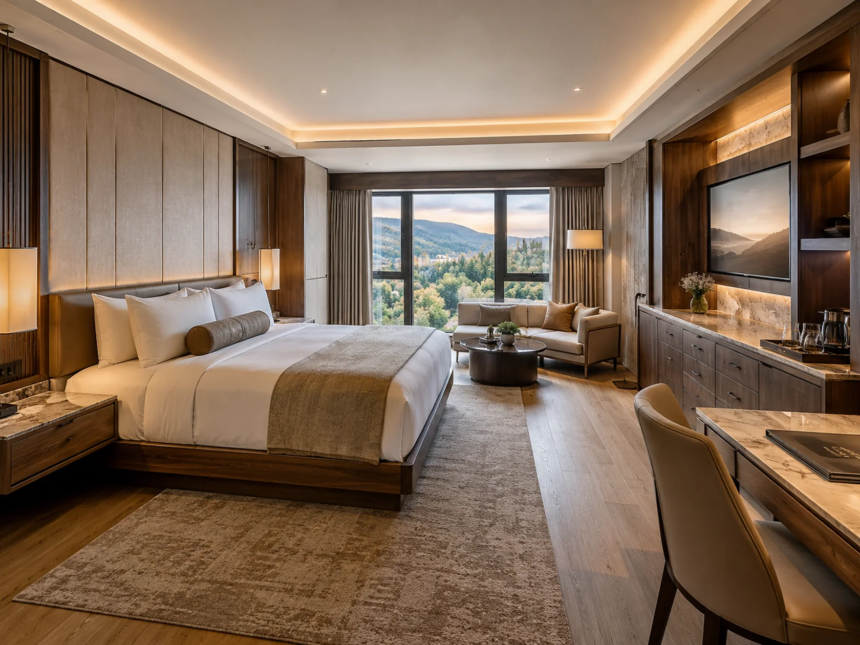 Hospitality guestroom concept showing integrated furniture and casework
