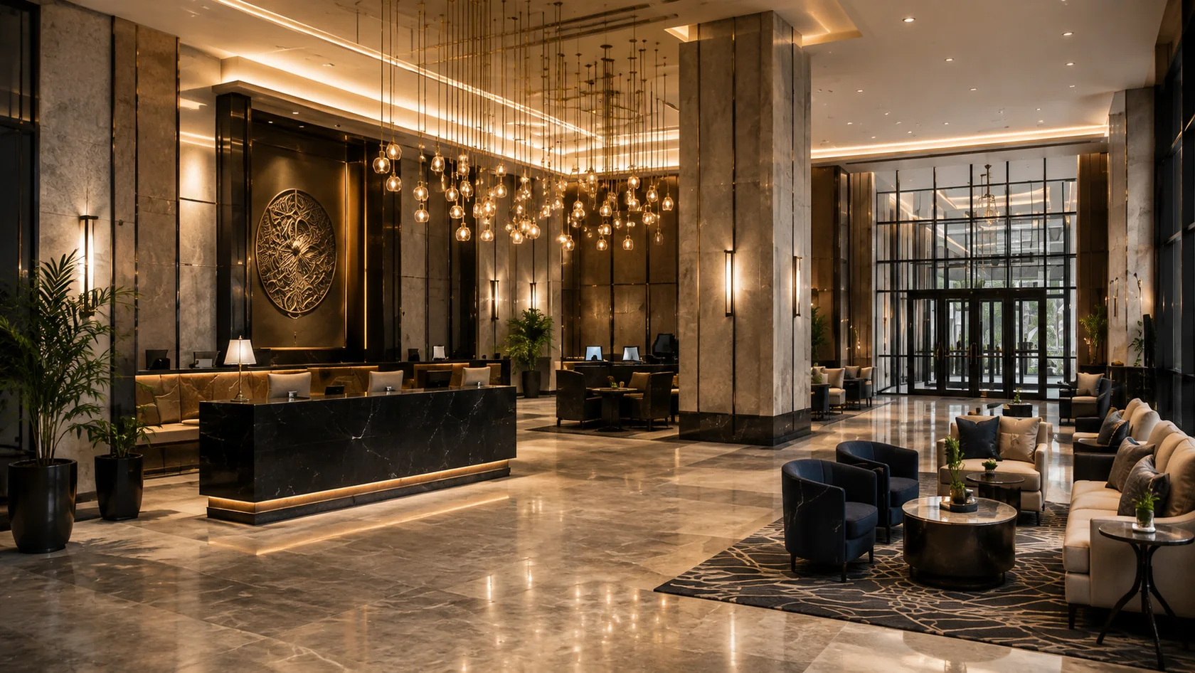 Hospitality lobby concept with stone reception, wood detailing, and expansive interiors
