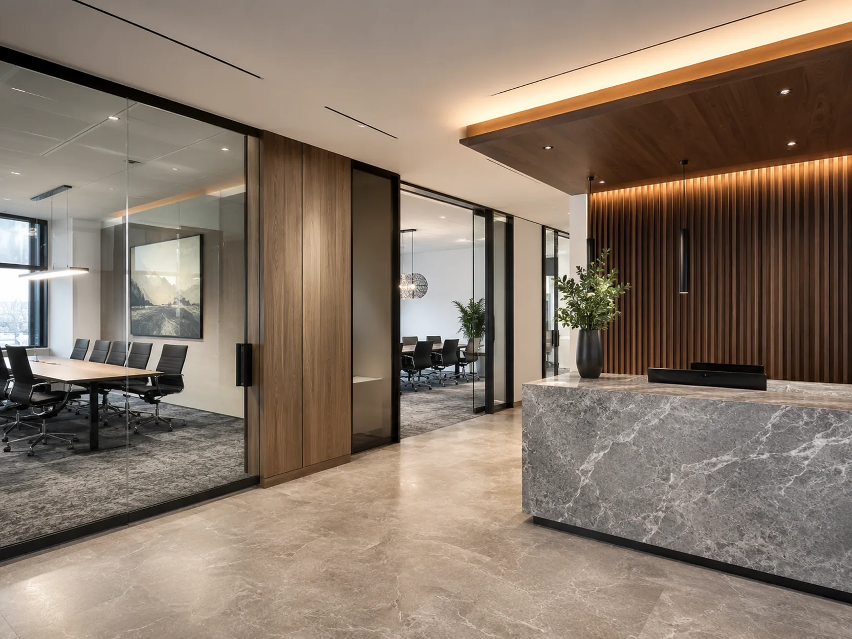 Architectural interior concept with wood wall panels and a stone reception desk