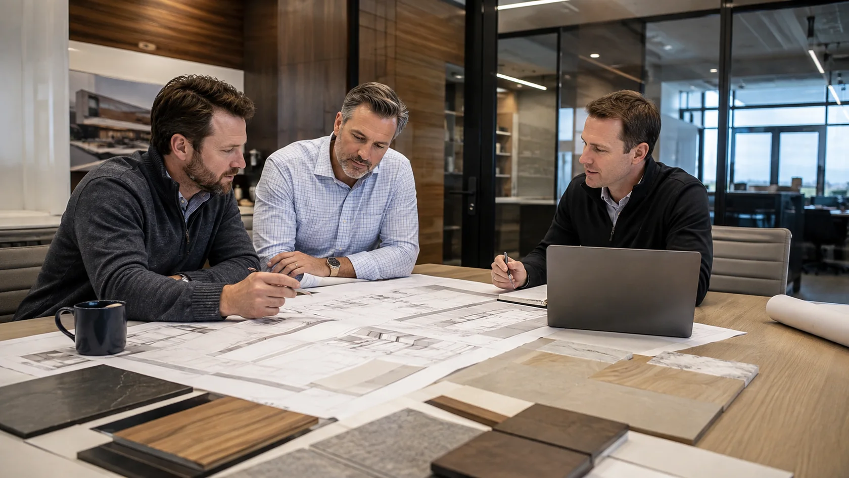 Illustrative construction plan-review scene
